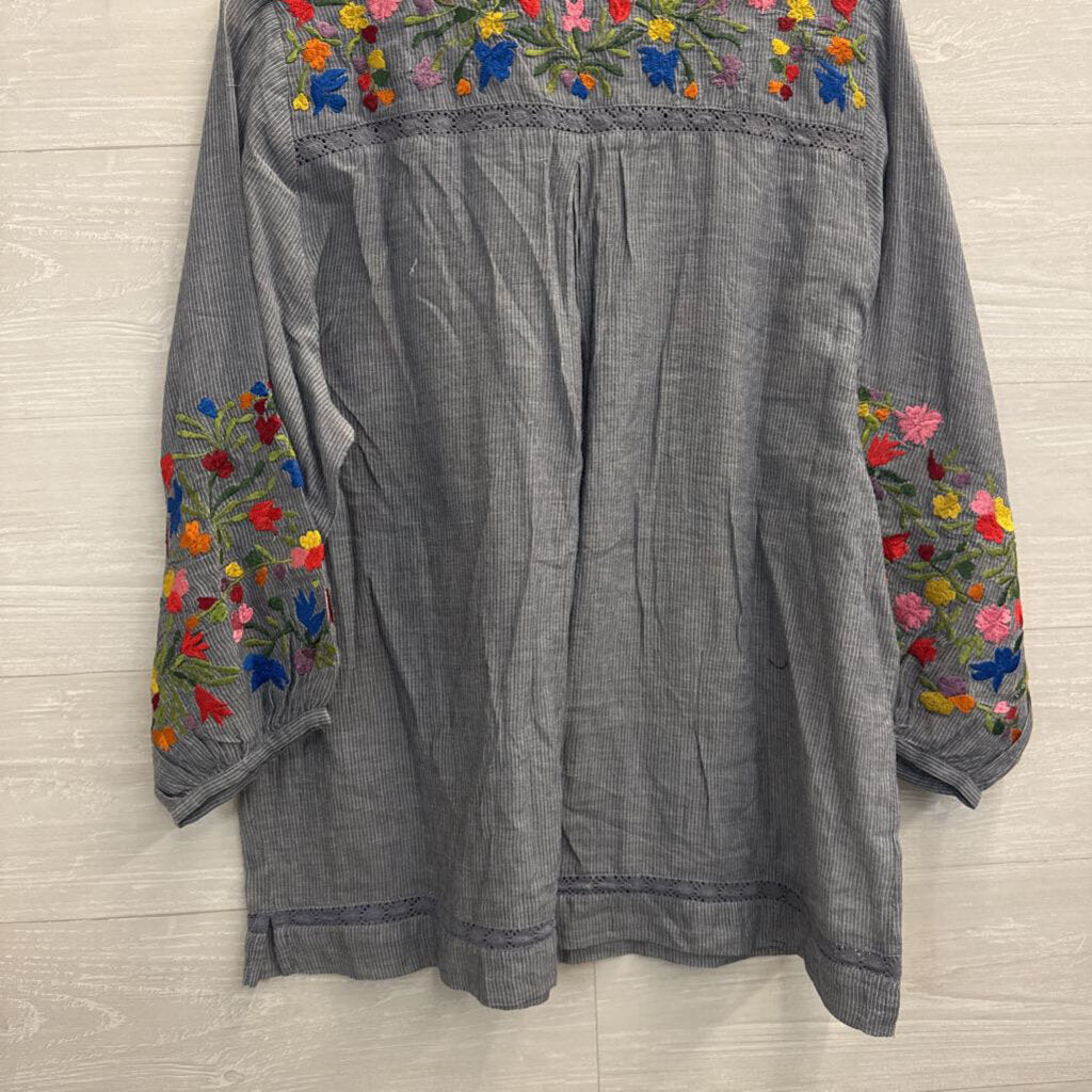 Anu Blue Striped Embroidered Floral Long Sleeve Top Extra Large