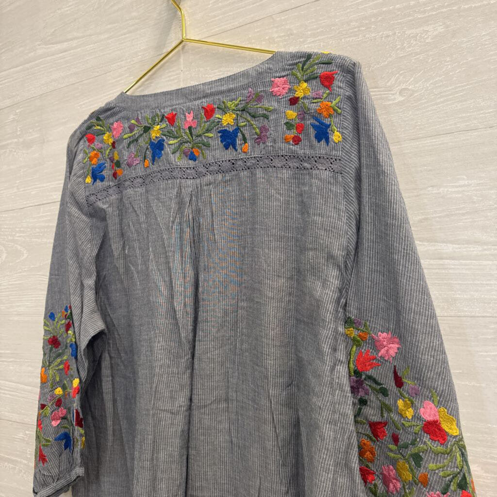 Anu Blue Striped Embroidered Floral Long Sleeve Top Extra Large