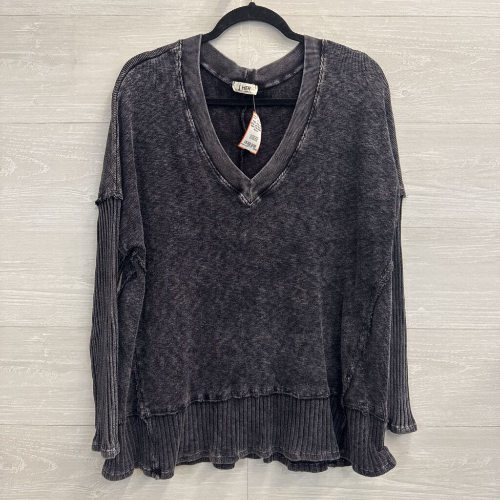 J Her Grey Long Sleeve V Neck Top Medium