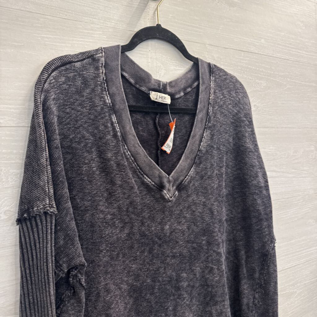 J Her Grey Long Sleeve V Neck Top Medium