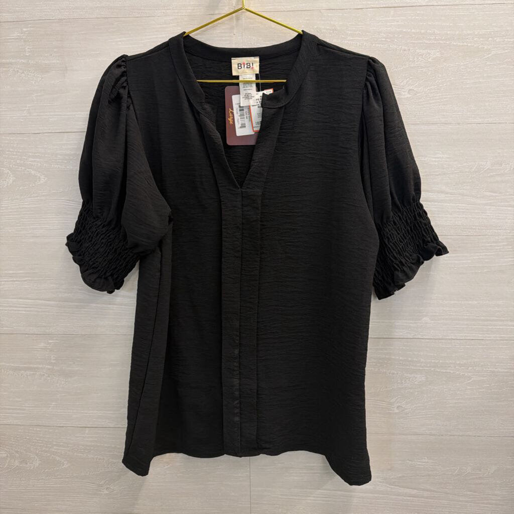 Bibi Black Short Puff Sleeve Top Large