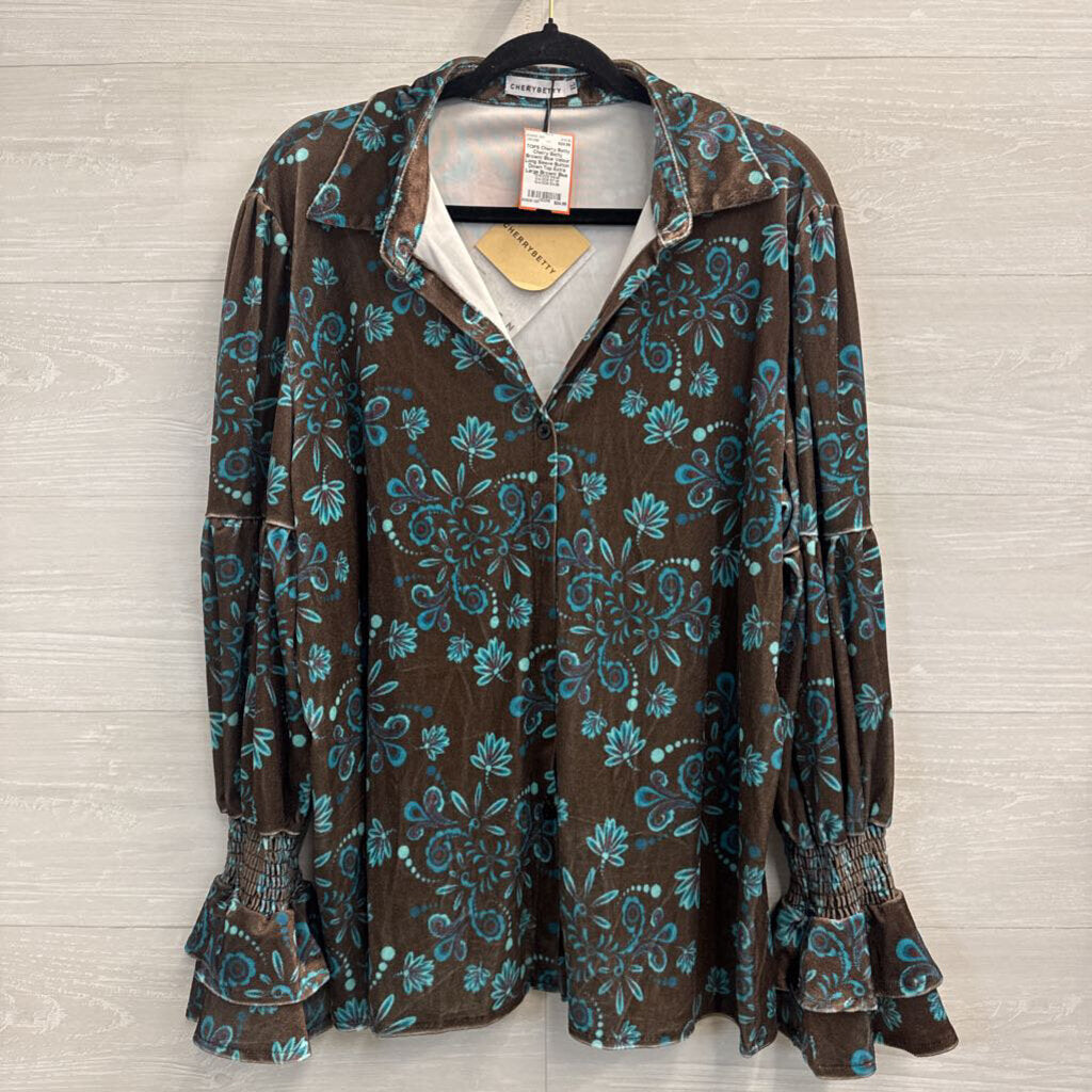 Cherry Betty Brown/ Blue Velour Long Sleeve Button Down Top Extra Large