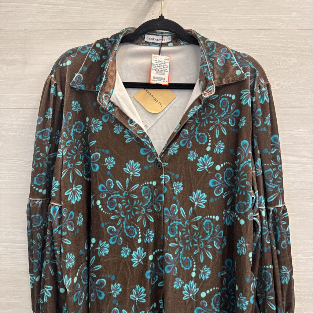 Cherry Betty Brown/ Blue Velour Long Sleeve Button Down Top Extra Large