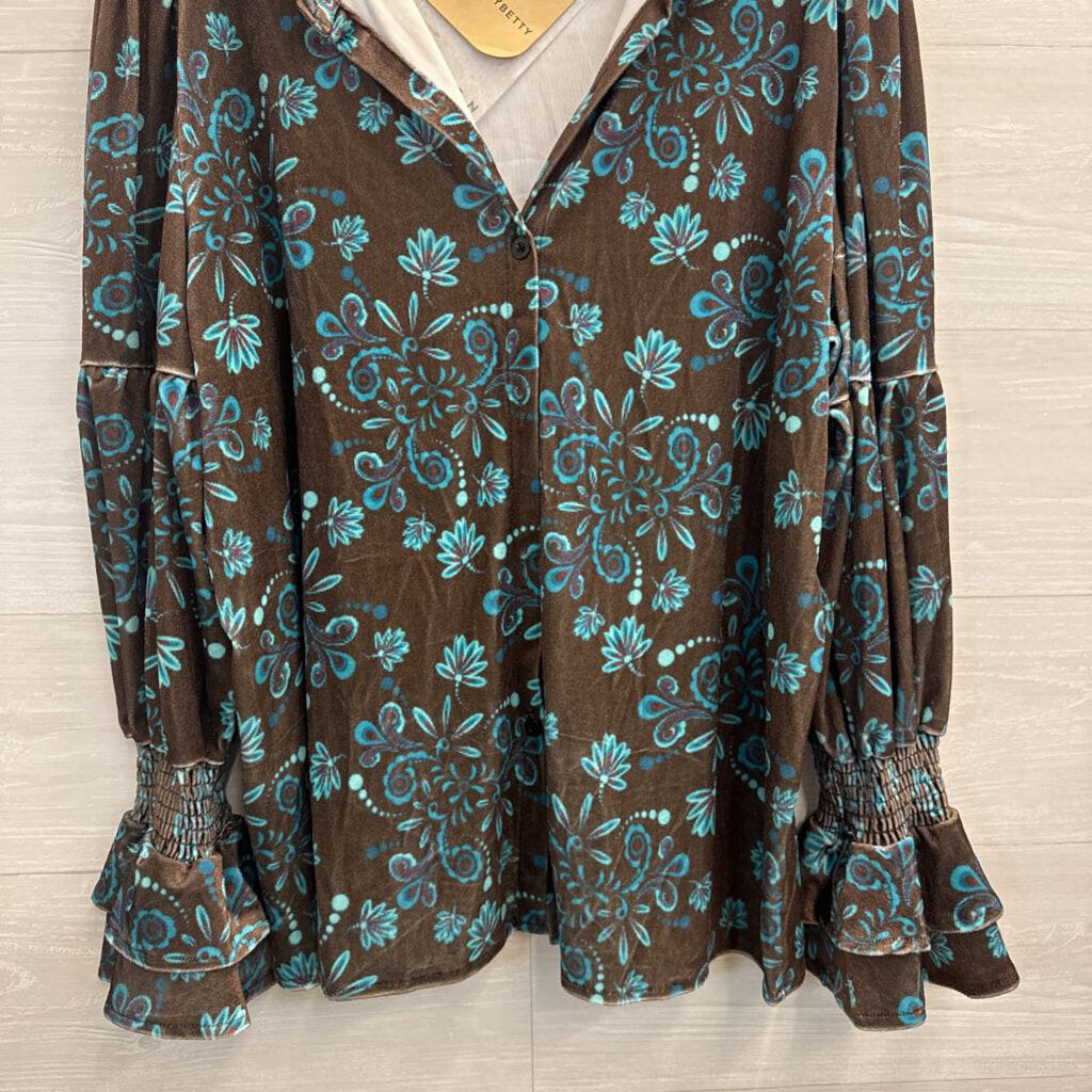 Cherry Betty Brown/ Blue Velour Long Sleeve Button Down Top Extra Large