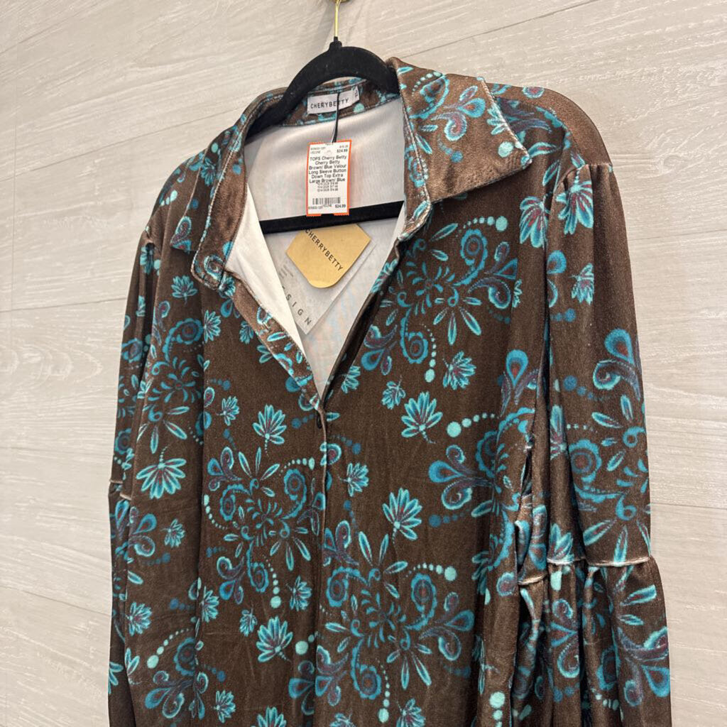 Cherry Betty Brown/ Blue Velour Long Sleeve Button Down Top Extra Large