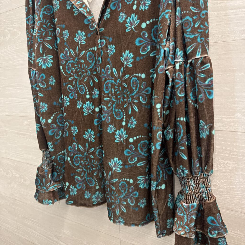 Cherry Betty Brown/ Blue Velour Long Sleeve Button Down Top Extra Large