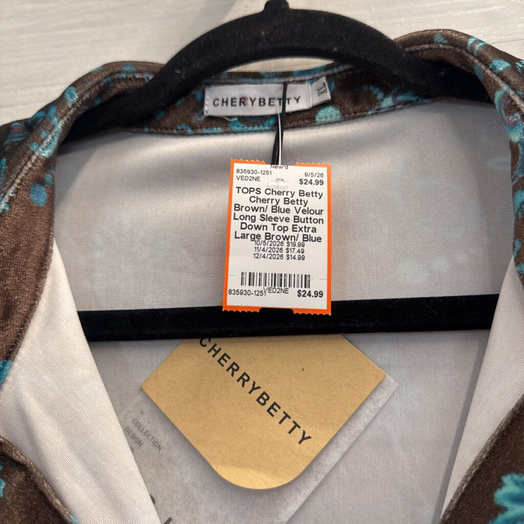 Cherry Betty Brown/ Blue Velour Long Sleeve Button Down Top Extra Large