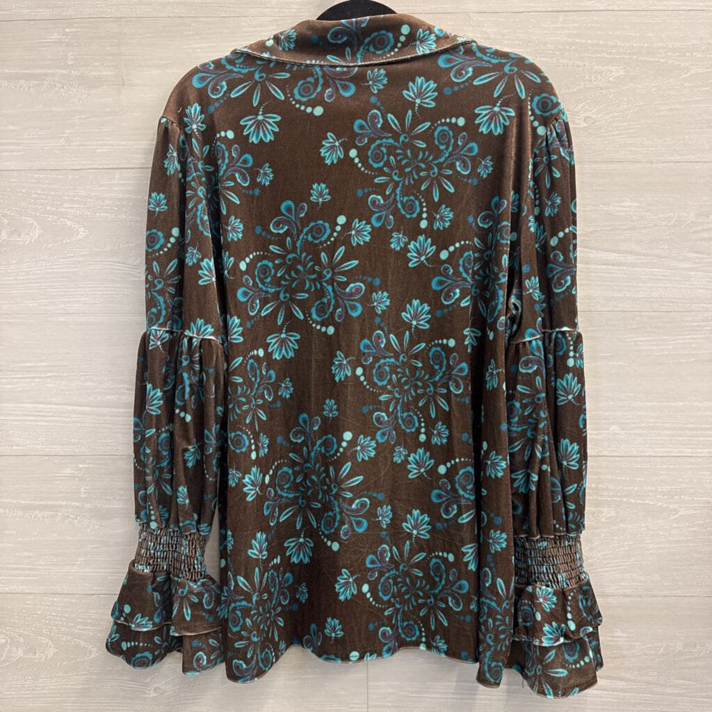 Cherry Betty Brown/ Blue Velour Long Sleeve Button Down Top Extra Large
