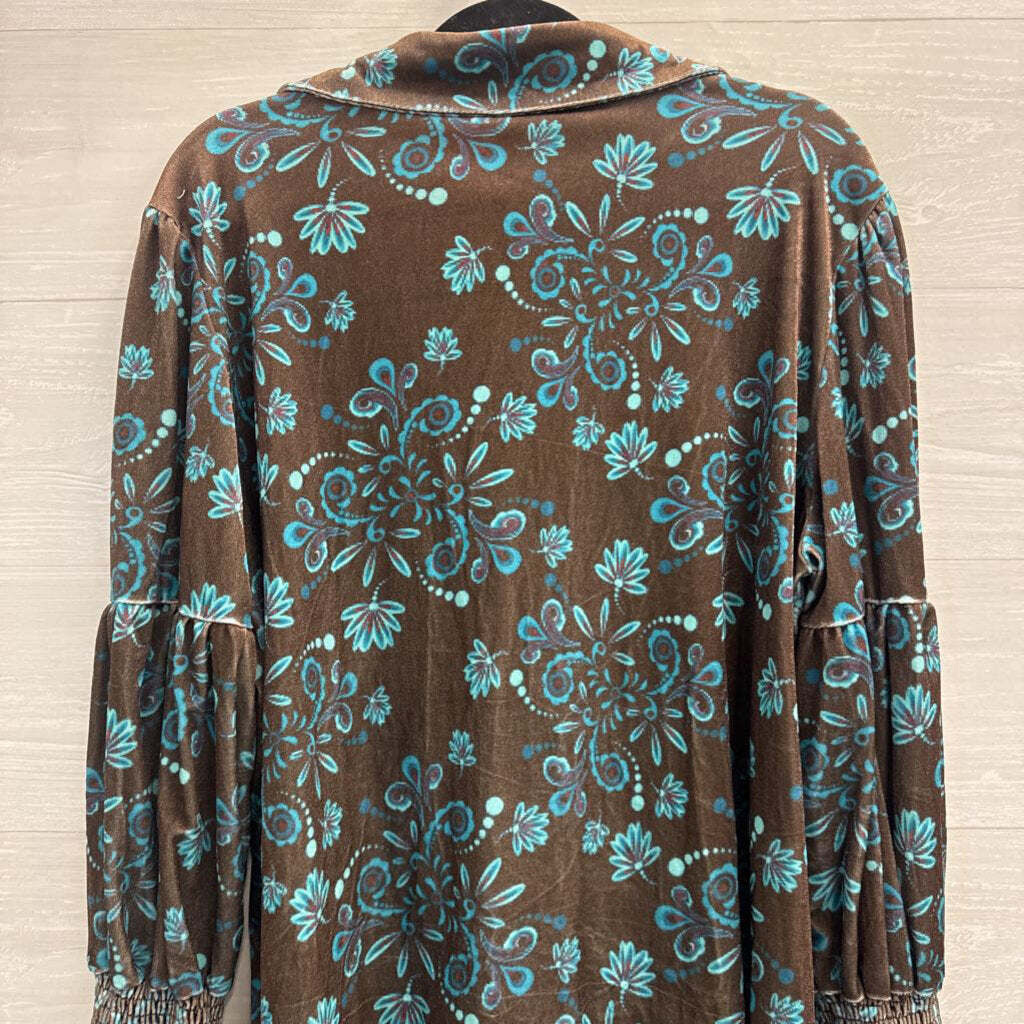 Cherry Betty Brown/ Blue Velour Long Sleeve Button Down Top Extra Large