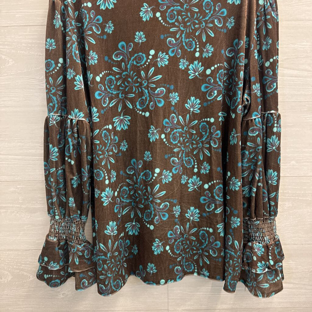 Cherry Betty Brown/ Blue Velour Long Sleeve Button Down Top Extra Large