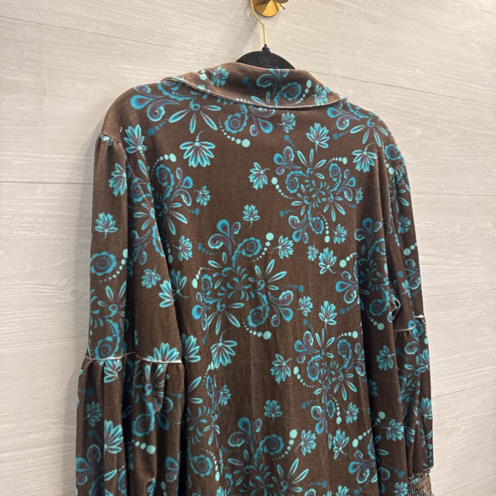 Cherry Betty Brown/ Blue Velour Long Sleeve Button Down Top Extra Large