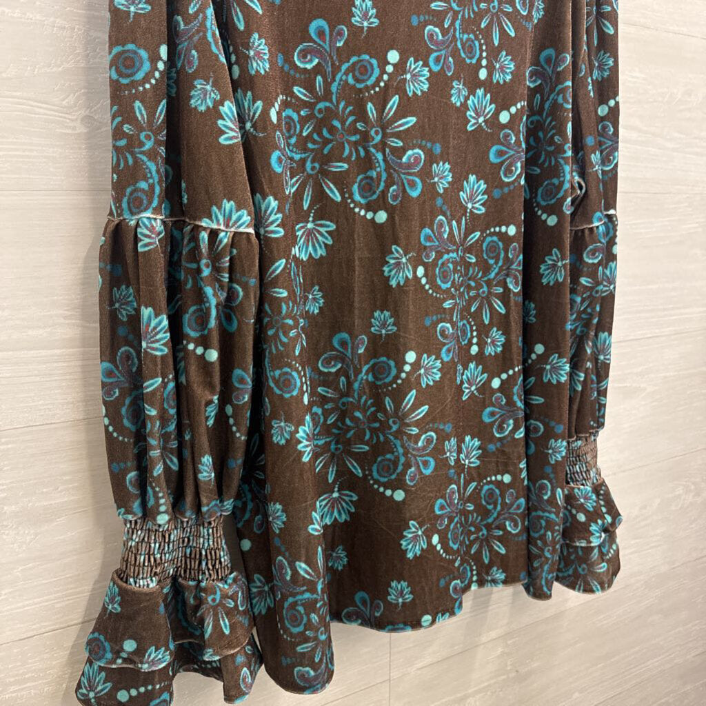 Cherry Betty Brown/ Blue Velour Long Sleeve Button Down Top Extra Large