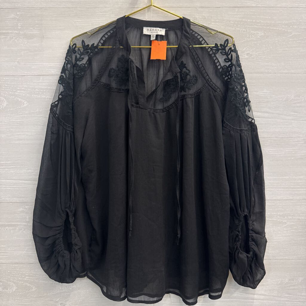 Hayden Black Embroidered Detail Unlined Long Sleeve Top Medium/ Large