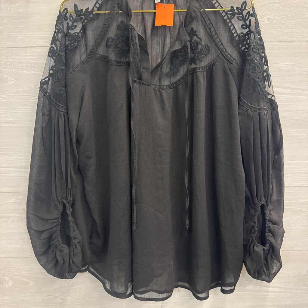Hayden Black Embroidered Detail Unlined Long Sleeve Top Medium/ Large