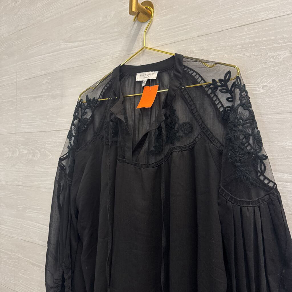 Hayden Black Embroidered Detail Unlined Long Sleeve Top Medium/ Large