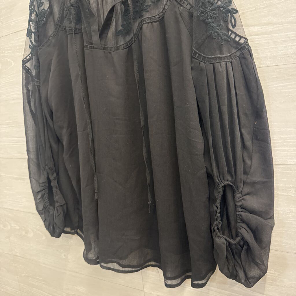 Hayden Black Embroidered Detail Unlined Long Sleeve Top Medium/ Large
