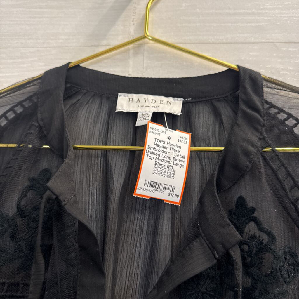 Hayden Black Embroidered Detail Unlined Long Sleeve Top Medium/ Large