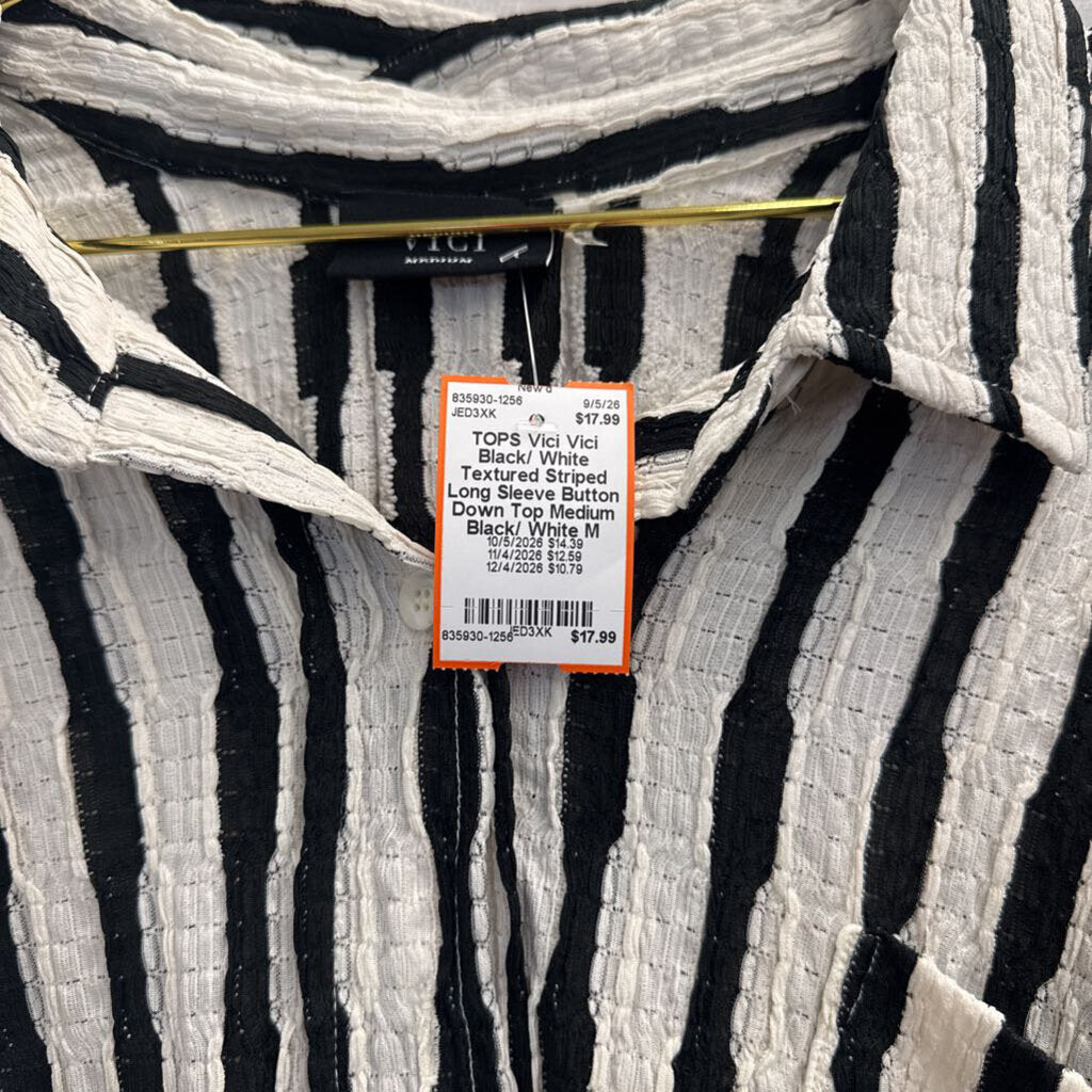 Vici Black/ White Textured Striped Long Sleeve Button Down Top Medium