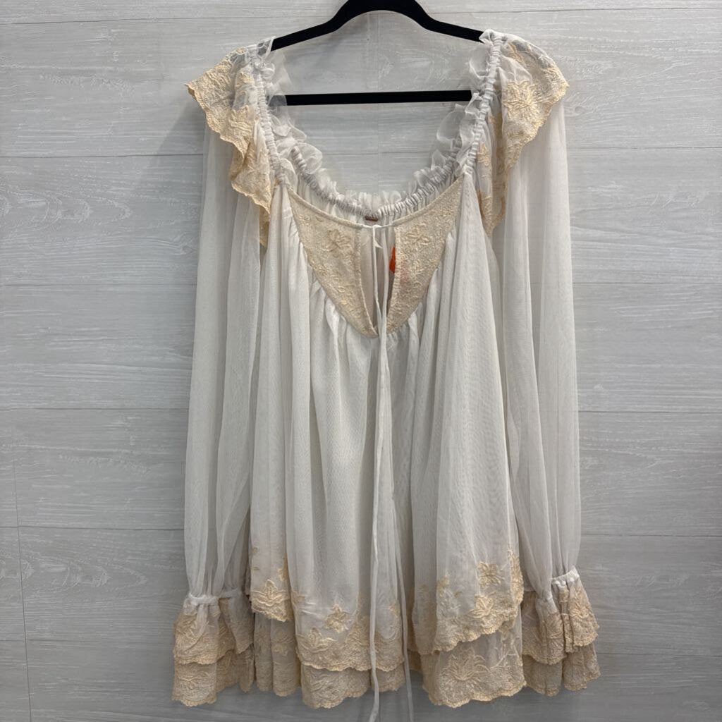 Free People Sheer White Tulle Long Sleeve Embroidered Detail Top Medium