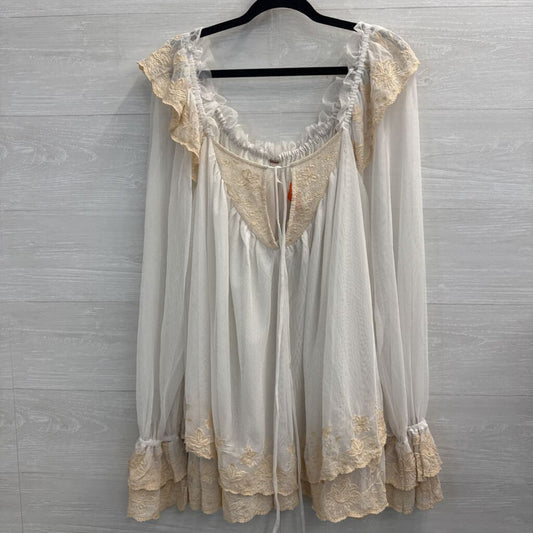 Free People Sheer White Tulle Long Sleeve Embroidered Detail Top Medium