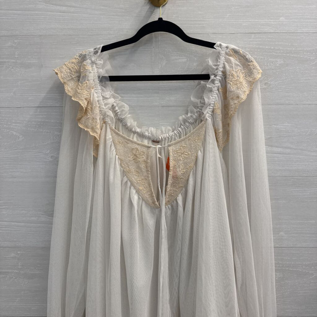 Free People Sheer White Tulle Long Sleeve Embroidered Detail Top Medium