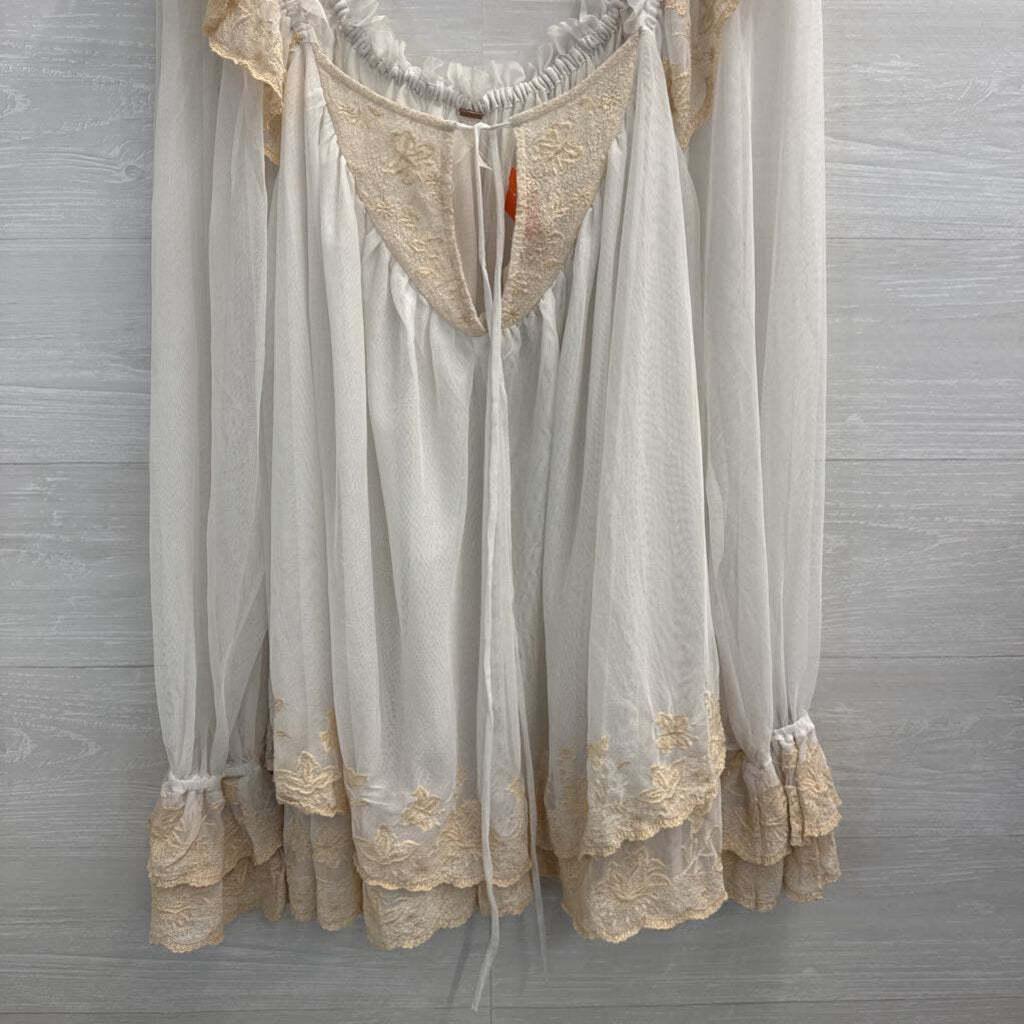 Free People Sheer White Tulle Long Sleeve Embroidered Detail Top Medium
