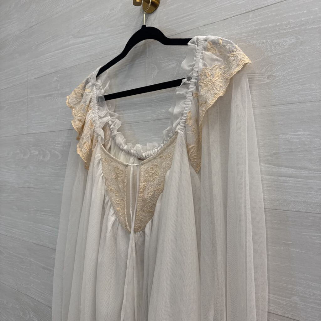 Free People Sheer White Tulle Long Sleeve Embroidered Detail Top Medium