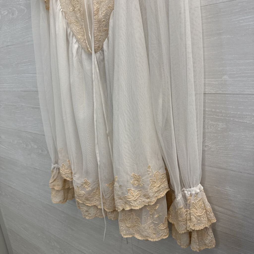 Free People Sheer White Tulle Long Sleeve Embroidered Detail Top Medium