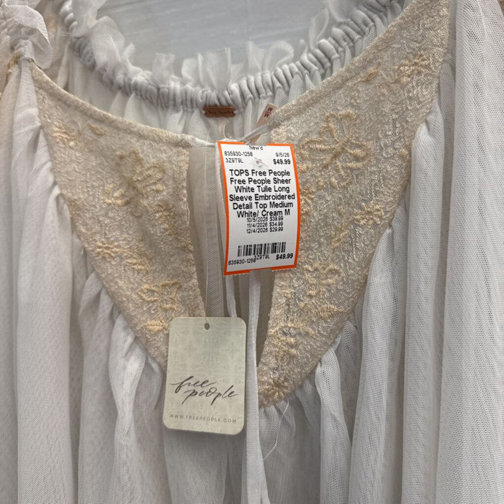 Free People Sheer White Tulle Long Sleeve Embroidered Detail Top Medium