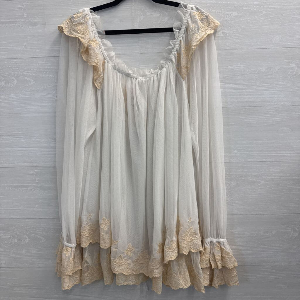 Free People Sheer White Tulle Long Sleeve Embroidered Detail Top Medium