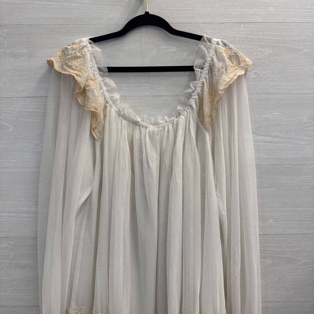 Free People Sheer White Tulle Long Sleeve Embroidered Detail Top Medium