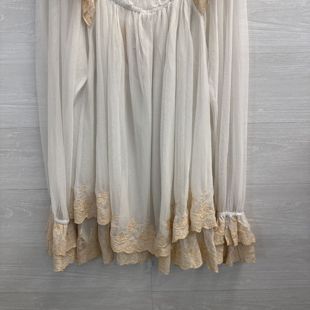 Free People Sheer White Tulle Long Sleeve Embroidered Detail Top Medium