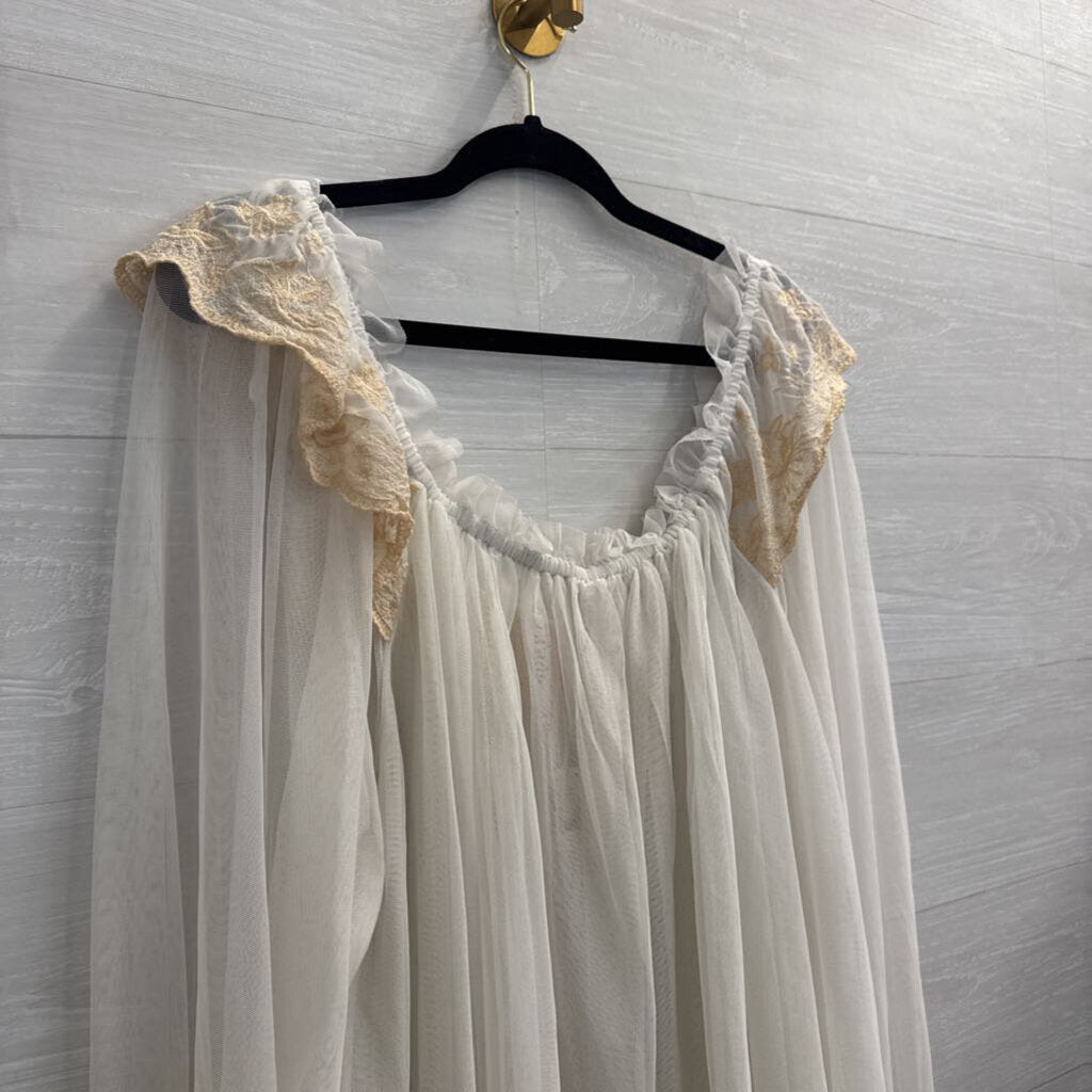 Free People Sheer White Tulle Long Sleeve Embroidered Detail Top Medium
