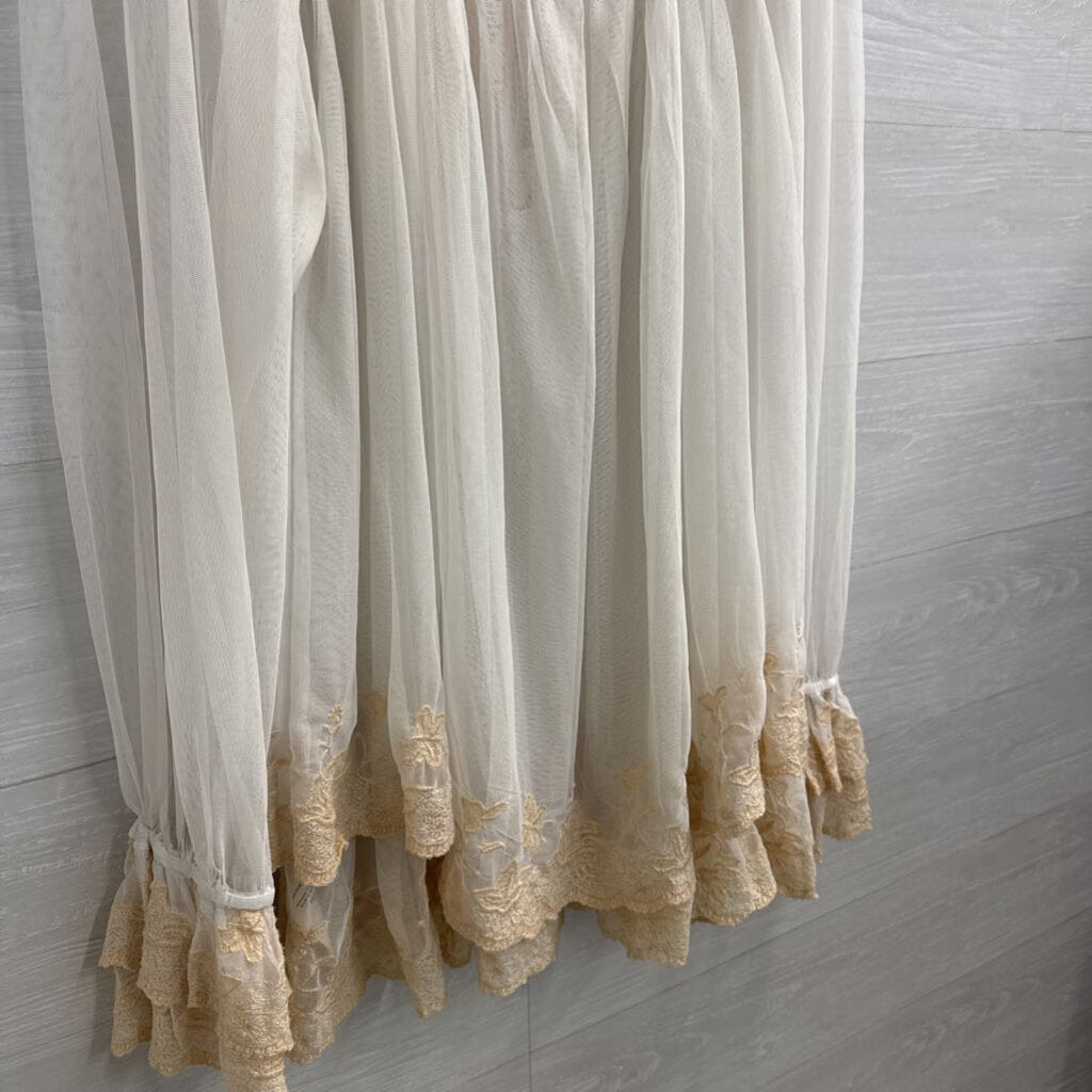 Free People Sheer White Tulle Long Sleeve Embroidered Detail Top Medium