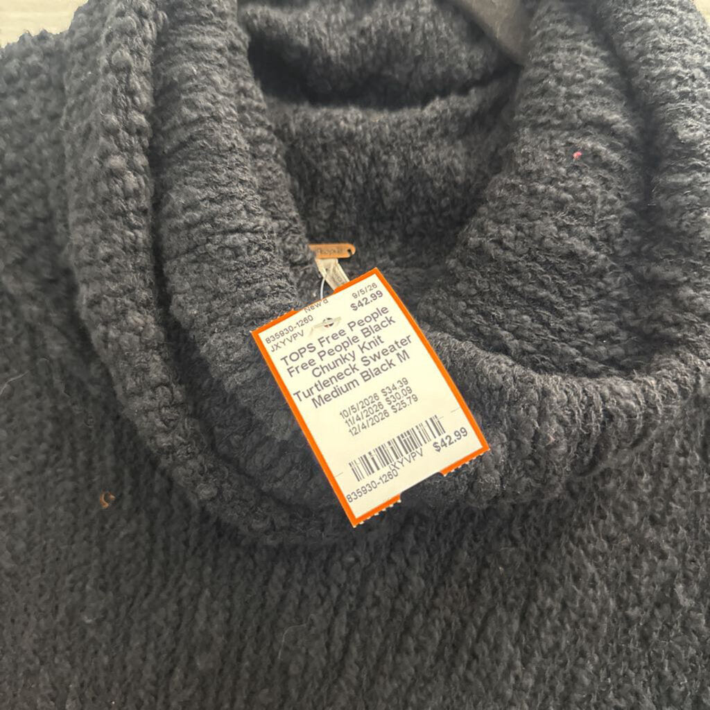 Free People Black Chunky Knit Turtleneck Sweater Medium