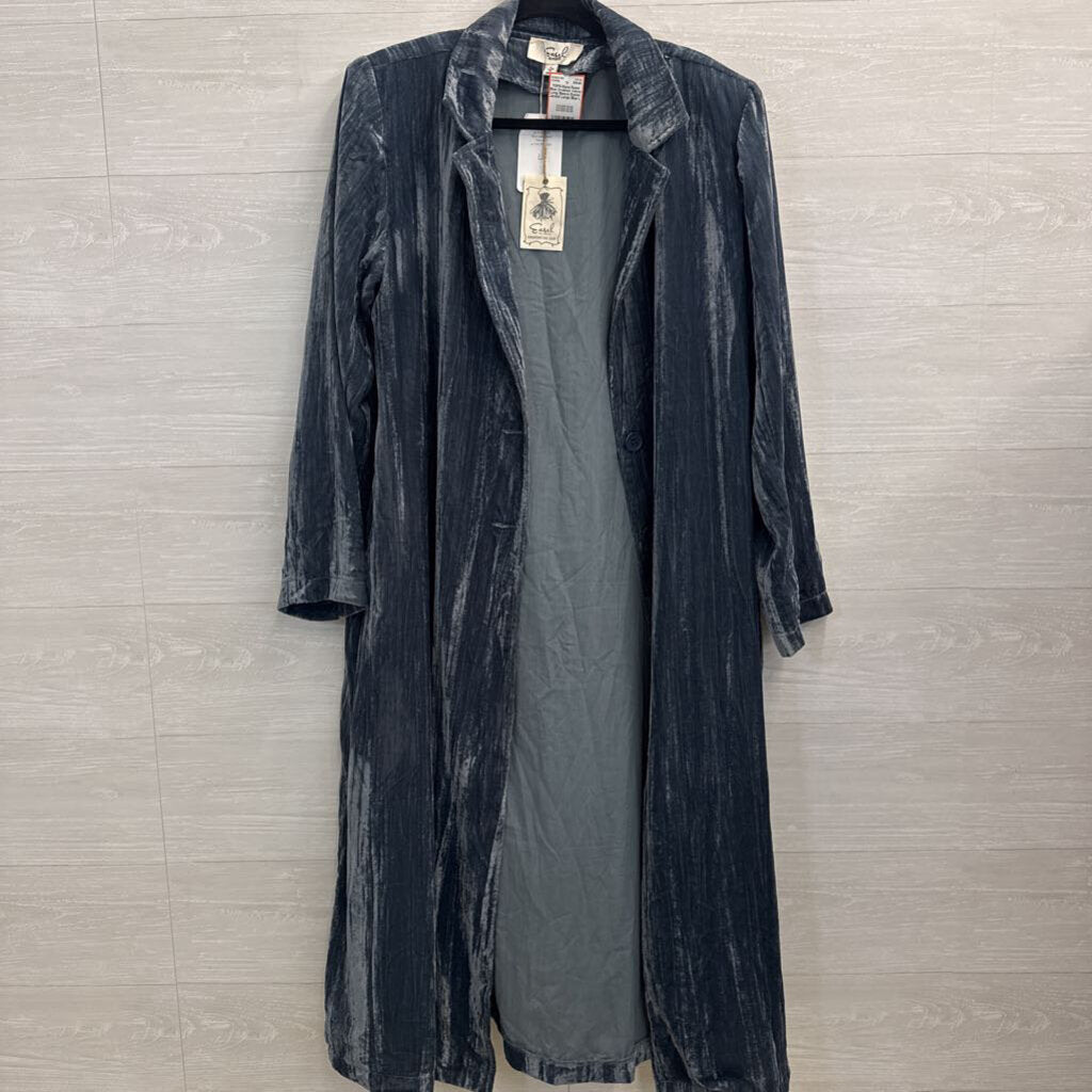 Easel Blue Crushed Velvet Long Sleeve Duster Jacket Large