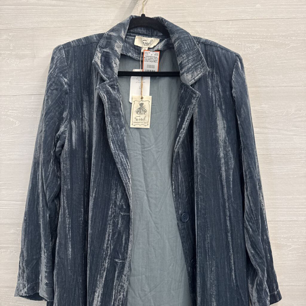 Easel Blue Crushed Velvet Long Sleeve Duster Jacket Large
