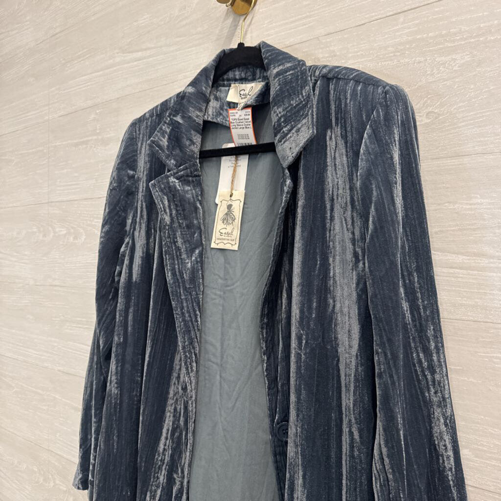 Easel Blue Crushed Velvet Long Sleeve Duster Jacket Large