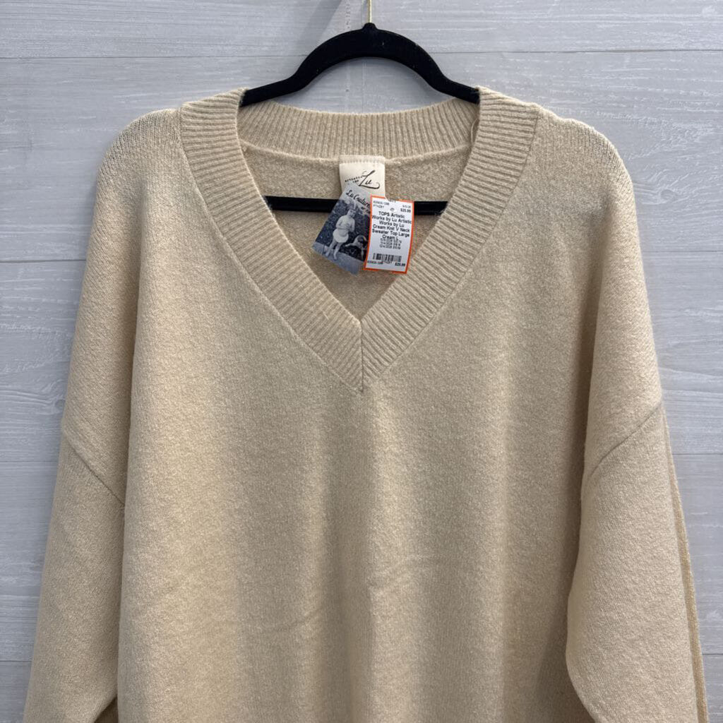 Artistic Works by Lu Cream Knit V Neck Sweater Top Large
