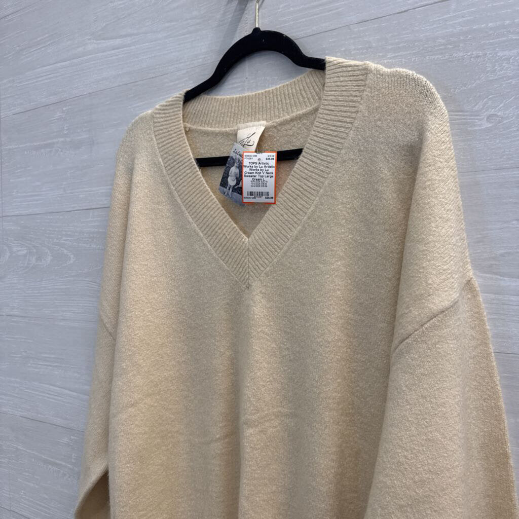 Artistic Works by Lu Cream Knit V Neck Sweater Top Large