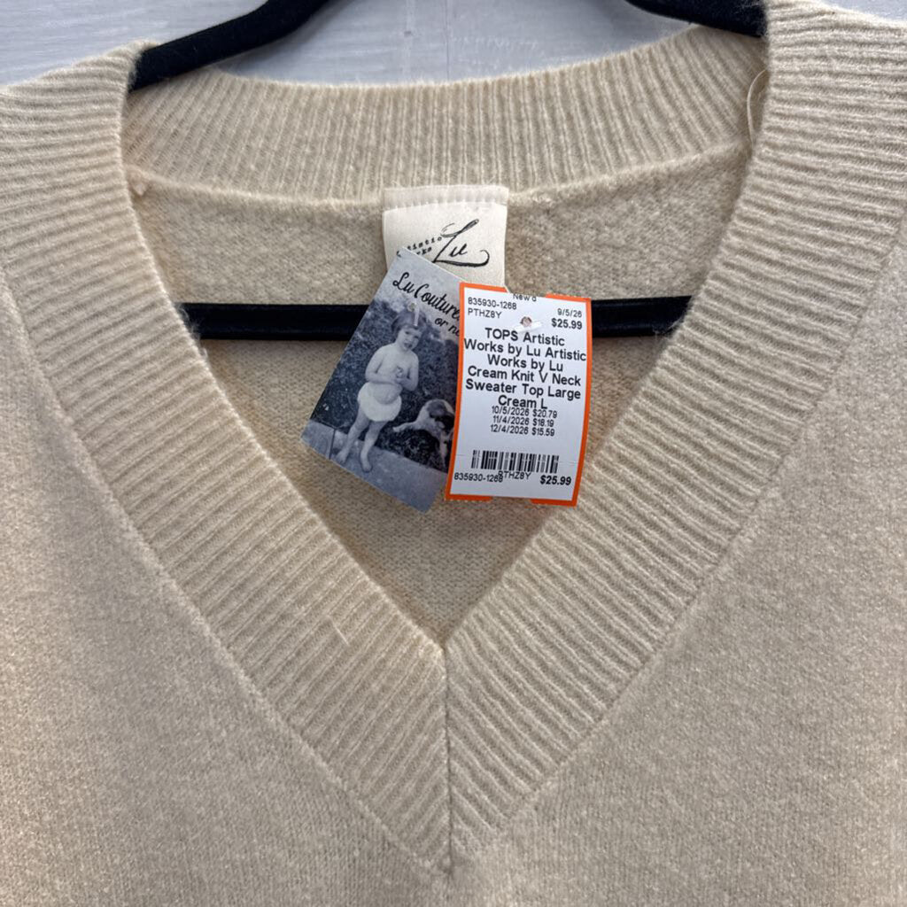 Artistic Works by Lu Cream Knit V Neck Sweater Top Large