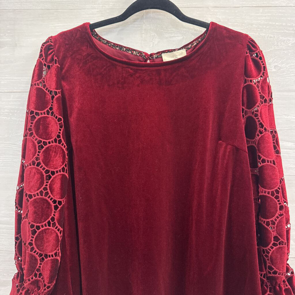 Umgee Burgundy Velvet Circle Print Long Sleeve Top Medium