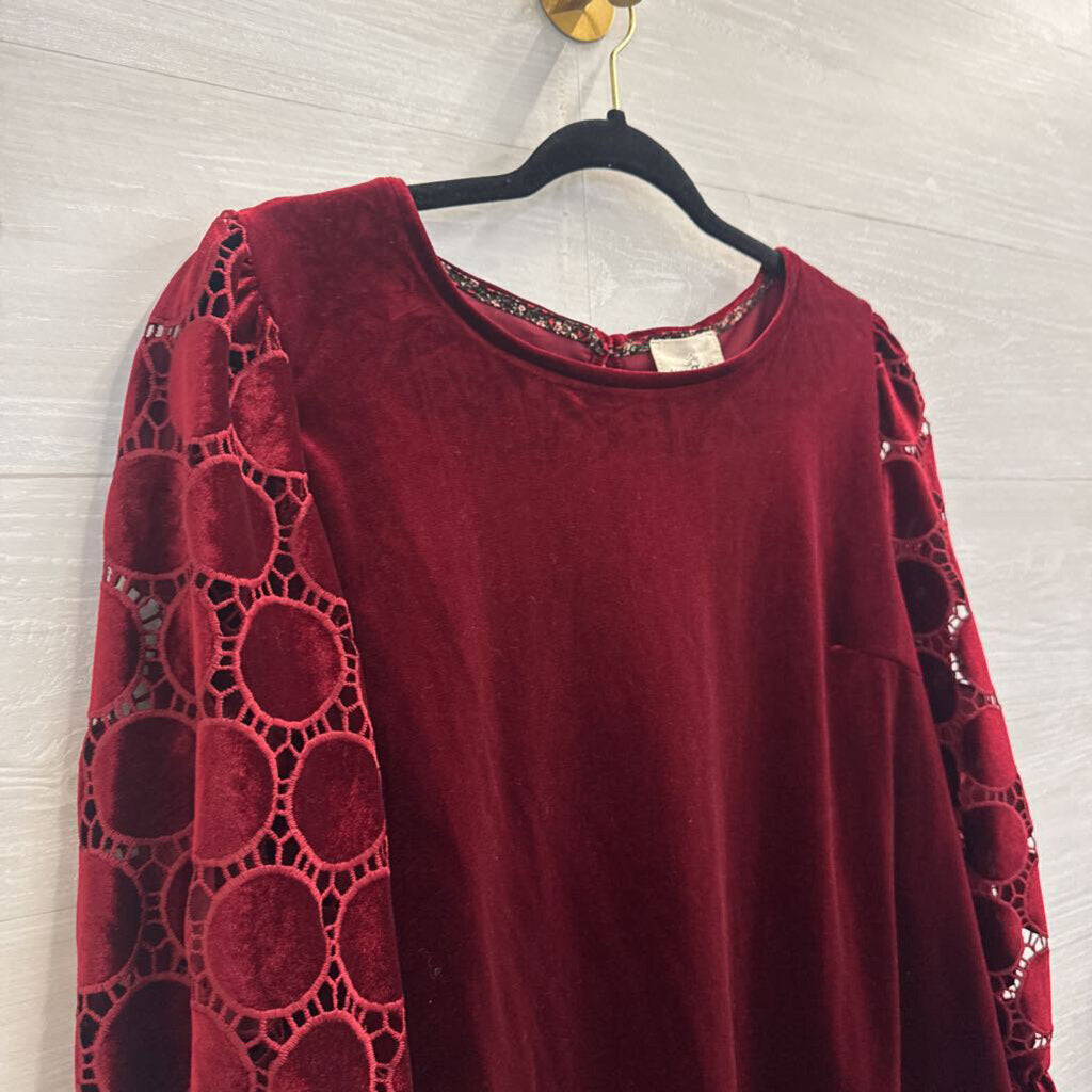 Umgee Burgundy Velvet Circle Print Long Sleeve Top Medium