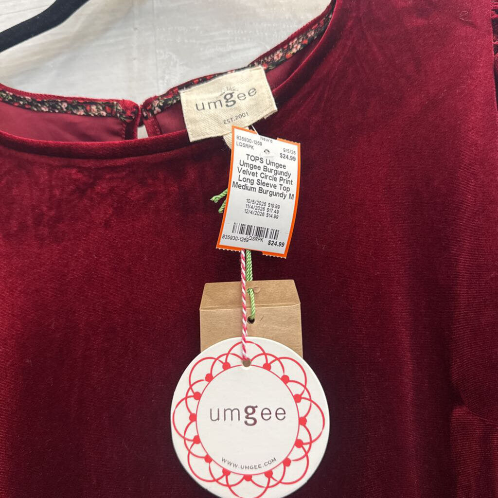 Umgee Burgundy Velvet Circle Print Long Sleeve Top Medium