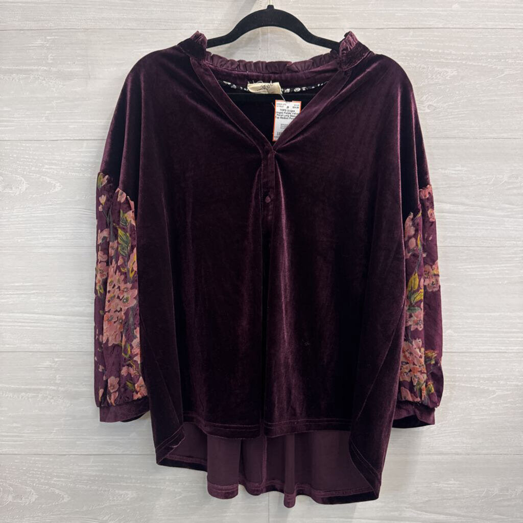 Umgee Purple Velvet Floral Long Sleeve Top Medium