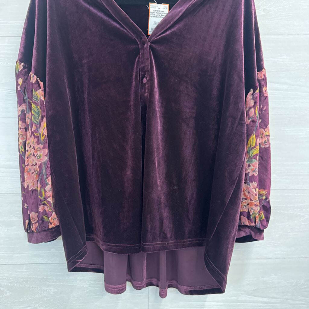 Umgee Purple Velvet Floral Long Sleeve Top Medium