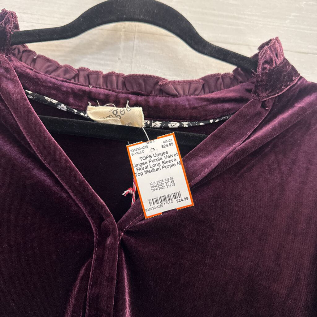 Umgee Purple Velvet Floral Long Sleeve Top Medium