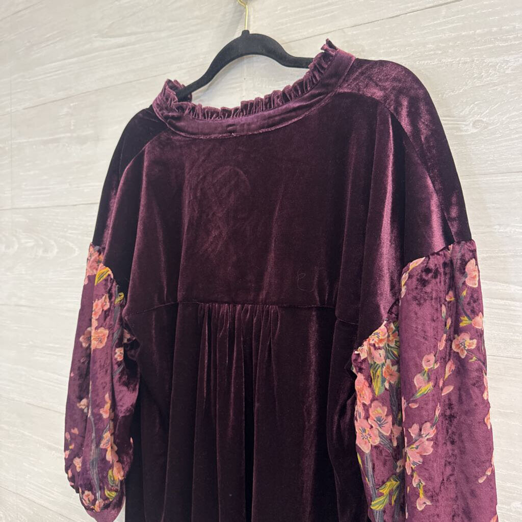 Umgee Purple Velvet Floral Long Sleeve Top Medium