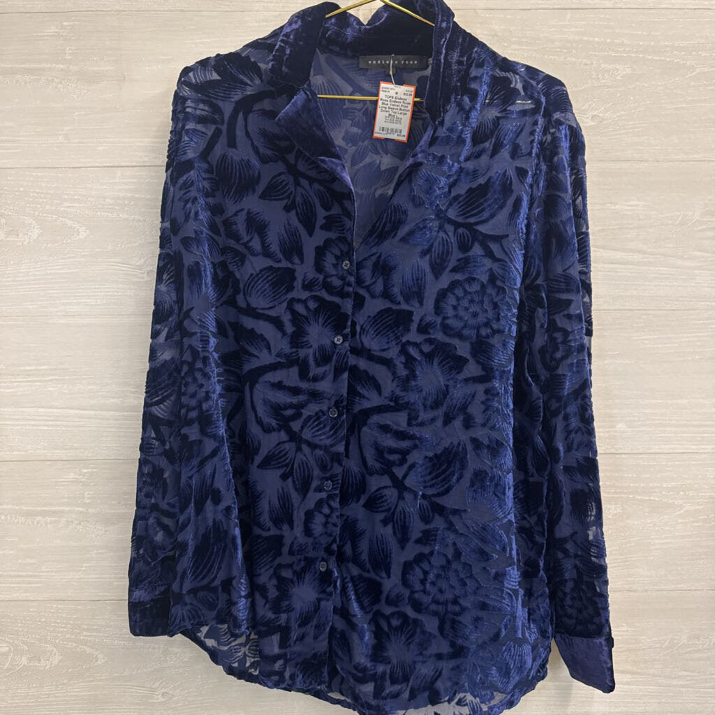 Endless Rose Blue Velvet Print Long Sleeve Button Down Top Large