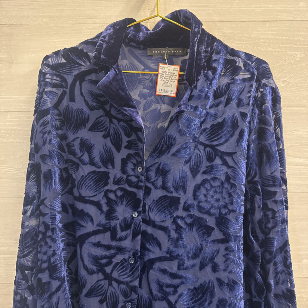 Endless Rose Blue Velvet Print Long Sleeve Button Down Top Large